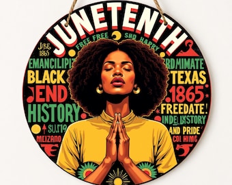 Letrero redondo para puerta del Juneteenth, arte mural de la historia afroamericana, decoración del Día de la Libertad, textura de madera rústica.