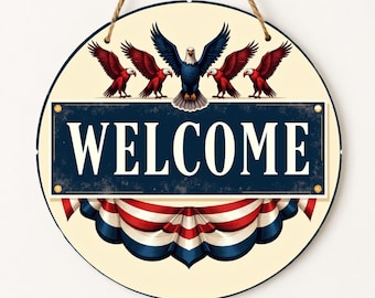 Colgante de bienvenida con águila patriótica para puerta, placa decorativa estilo americano para porche.