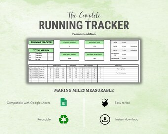 km / Rastreador de carreras Google Sheets Premium / Registro de distancia y ritmo / Planificador de kilometraje y progreso / Hoja de cálculo de fitness / Descarga instantánea