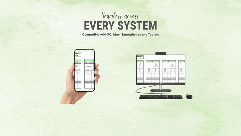 Pu&ograve; includere: Immagine di uno smartphone e di un monitor di computer che mostrano entrambi un'interfaccia simile a un foglio di calcolo. Il testo recita "Seamless across EVERY SYSTEM" e "Compatible with PC, Mac, Smartphones and Tablets". Lo sfondo ha un effetto acquerello.