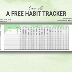 May include: A habit tracker in green and white. The text "A FREE HABIT TRACKER" is displayed. The tracker includes sections for habits, goals, and weekly progress. It also features a monthly progress chart to observe consistency.