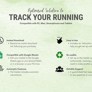 May include: An image with the text "Optimised Solution to Track Your Running" on a green watercolor background. Features include instant download, Google Sheets compatibility, automatic features, easy to use, reusable, and reliable support.