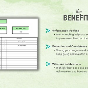 May include: A running tracker spreadsheet with fields for best pace, average heart rate, and max heart rate. The text "key BENEFITS" is displayed above bullet points describing performance tracking, motivation, and milestone celebrations.
