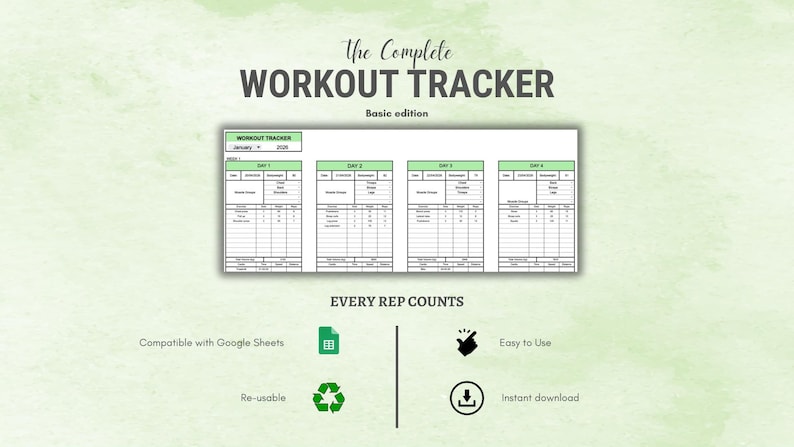 Pu&ograve; includere: Un tracker di allenamento con il testo "The Complete Workout Tracker" e "Basic edition". Il tracker &egrave; un foglio di calcolo con sezioni per ogni giorno, con il testo "Every Rep Counts" e icone per Google Sheets, riutilizzabile e download immediato.