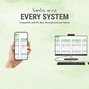 Może przedstawiać: Obraz przedstawiający smartfon i monitor komputera wyświetlające interfejs podobny do arkusza kalkulacyjnego. Tekst brzmi "Seamless across EVERY SYSTEM" i "Compatible with PC, Mac, Smartphones and Tablets". Tło ma efekt akwareli.