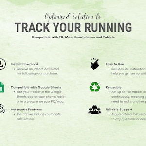 May include: Image with the text "Optimised Solution to Track Your Running." The image includes icons and text describing features such as instant download, Google Sheets compatibility, automatic features, easy to use, reusable, and reliable support.