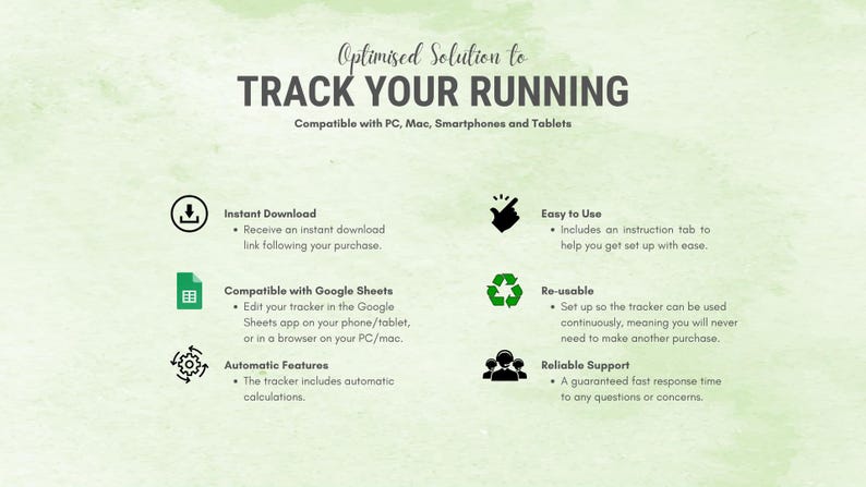 May include: Image with the text "Optimised Solution to Track Your Running." The image includes icons and text describing features such as instant download, Google Sheets compatibility, automatic features, easy to use, reusable, and reliable support.