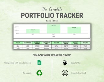 USD / Rastreador de cartera de inversiones en Google Sheets básico / Hoja de cálculo de asignación de activos de rendimiento / Planificador financiero / Descarga instantánea
