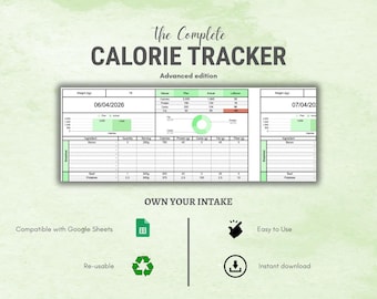 Hoja de cálculo avanzada para el seguimiento de calorías en Google Sheets / Registro de nutrición y macronutrientes / Planificador de comidas y pérdida de peso / Descarga instantánea