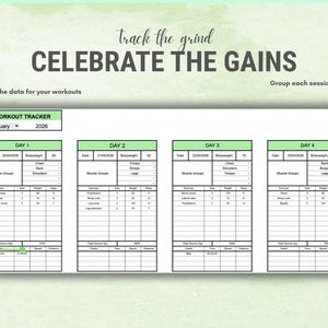 Pu&ograve; includere: Un tracker di allenamento con il testo "CELEBRATE THE GAINS" e "track the grind". Il tracker &egrave; progettato per inserire i dati degli allenamenti, con sezioni per ogni giorno della settimana, gruppi muscolari ed esercizi.