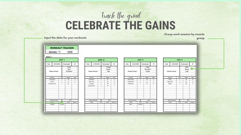 Pu&ograve; includere: Un tracker di allenamento con il testo "CELEBRATE THE GAINS" e "track the grind". Il tracker &egrave; progettato per inserire i dati degli allenamenti, con sezioni per ogni giorno della settimana, gruppi muscolari ed esercizi.