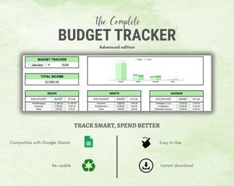 GBP / Planificador de presupuesto avanzado para Google Sheets / Rastreador de gastos mensuales / Planificador financiero para la gestión del dinero / Descarga instantánea