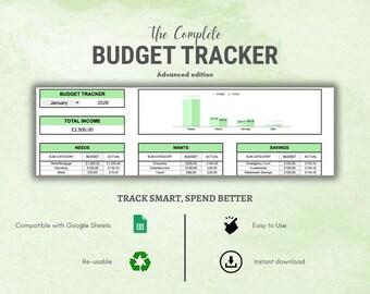 USD / Rastreador de presupuesto para Google Sheets avanzado / Rastreador de gastos y presupuesto mensual / Planificador financiero para la gestión del dinero / Descarga instantánea