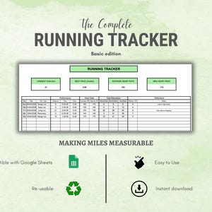Może przedstawiać: Cyfrowy szablon do śledzenia biegu z tekstem "The Complete Running Tracker" i "Basic edition". Arkusz kalkulacyjny zawiera sekcje dla najdłuższego biegu, najlepszego tempa, średniego tętna i najlepszego tętna. Obraz zawiera również ikony dla Arkuszy Google, wielokrotnego użytku i natychmiastowego pobierania.