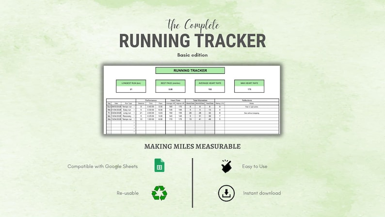 May include: A digital running tracker template with the text "The Complete Running Tracker" and "Basic edition." The spreadsheet includes sections for longest run, best pace, average heart rate, and best heart rate. The image also includes icons for Google Sheets, reusability, and instant download.