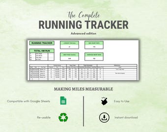 km / Rastreador de carreras en Google Sheets (avanzado) / Registro de distancia y ritmo / Planificador de kilometraje y progreso / Hoja de cálculo de fitness / Descarga instantánea