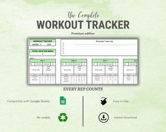 kg / Rastreador de entrenamiento Google Sheets Premium / Planificador de fitness digital / Rastreador de hábitos y entrenamiento de fuerza