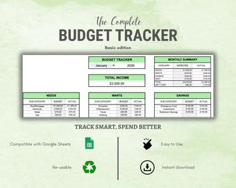 GBP / Planificador de presupuesto básico para Google Sheets / Rastreador de gastos mensuales / Planificador financiero para la gestión del dinero / Descarga instantánea