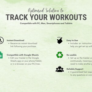Pu&ograve; includere: Grafica verde e bianca che promuove un tracker di allenamento. Il testo recita "Soluzione ottimizzata per monitorare i tuoi allenamenti". Include download immediato, compatibilit&agrave; con Google Sheets, facilit&agrave; d'uso, riutilizzabile e supporto affidabile.