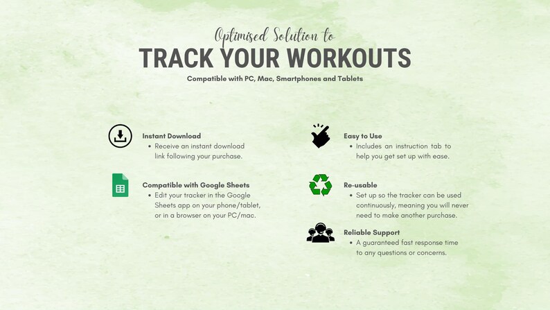 Pu&ograve; includere: Grafica verde e bianca che promuove un tracker di allenamento. Il testo recita "Soluzione ottimizzata per monitorare i tuoi allenamenti". Include download immediato, compatibilit&agrave; con Google Sheets, facilit&agrave; d'uso, riutilizzabile e supporto affidabile.