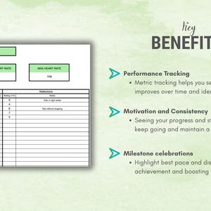 May include: A running tracker chart with fields for best pace, average heart rate, and max heart rate. The chart also includes a section for performance tracking, motivation, and milestone celebrations. The text "key BENEFITS" is displayed.