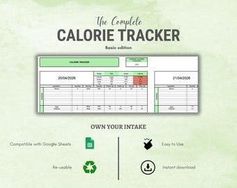 Hoja de cálculo básica para el seguimiento de calorías en Google Sheets / Registro de nutrición y macronutrientes / Planificador de comidas y pérdida de peso / Descarga instantánea