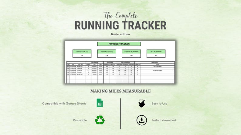 May include: A digital running tracker template with the text "The Complete Running Tracker" and "Basic edition." The spreadsheet includes sections for longest run, best pace, average heart rate, and best heart rate. The image also includes icons for Google Sheets, reusability, and instant download.
