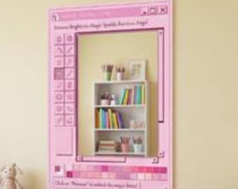 Espejo mágico de princesa rosa / Espejo estético con marco de arte digital / Decoración para habitación infantil / Espejo plateado de plexiglás sobre base decorativa