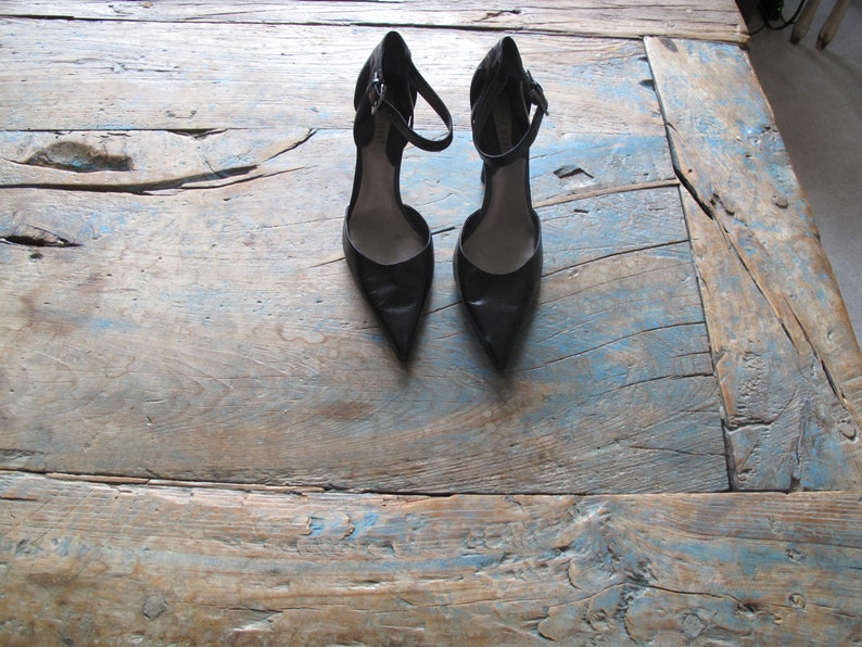 Haute Couture Black Leather Pumps with Ankle Straps Ladies US Size 7 or Euro 37