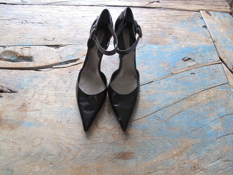 Haute Couture Black Leather Pumps with Ankle Straps Ladies US Size 7 or Euro 37