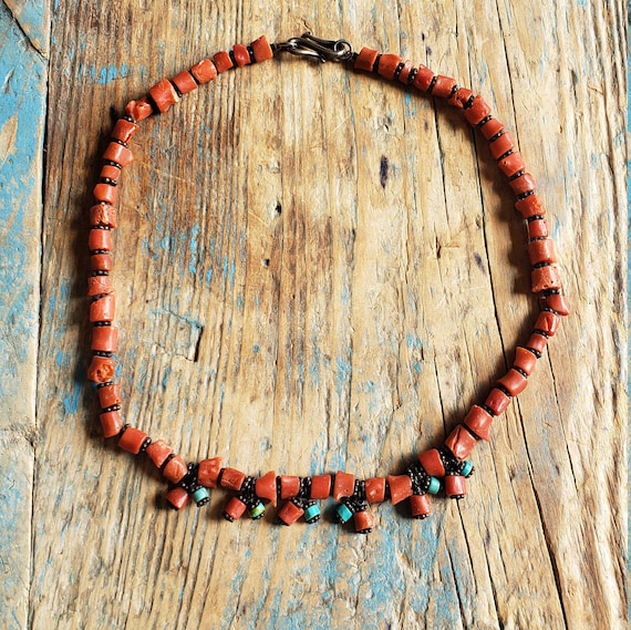 Sponge coral beaded necklace and earrings set natural vibrant orange red sponge coral beads and Tibetan silver spacer beads