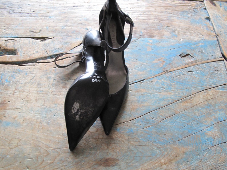 Haute Couture Black Leather Pumps with Ankle Straps Ladies US Size 7 or Euro 37
