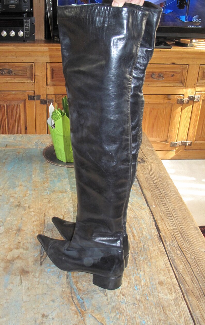 Black Leather Lined Over the Knee Pointed Toe Thigh High Boots Ladies US Size 7.5 Euro 38