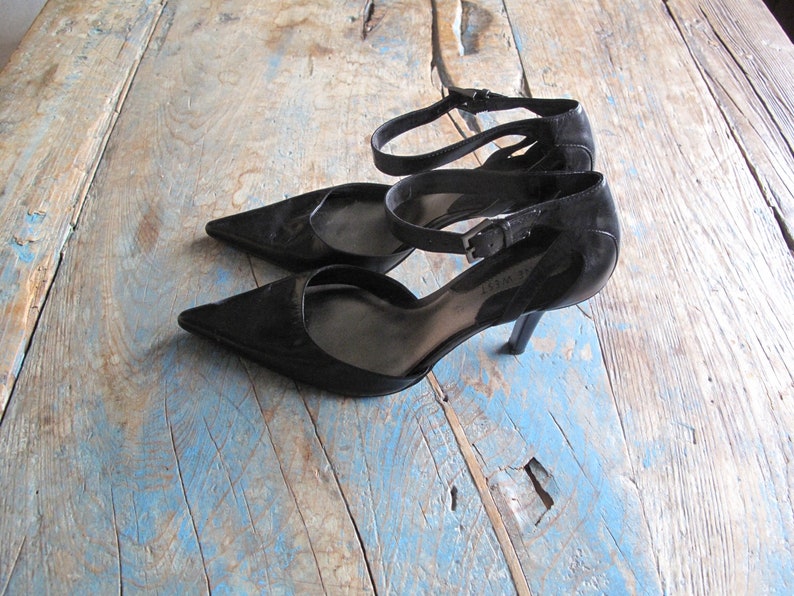 Haute Couture Black Leather Pumps with Ankle Straps Ladies US Size 7 or Euro 37