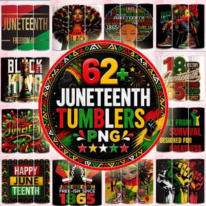 Peut inclure: Une collection de gobelets sur le thème du Juneteenth avec divers motifs. Les gobelets présentent des textes tels que "Juneteenth", "Freedom Day" et "1865", ainsi que des images de figures noires et de symboles culturels. La palette de couleurs comprend le rouge, le vert, le jaune et le noir.