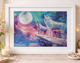Maanverlichte wolven diamant schilderij kunst aan de muur, sprankelend kristal fantasie decor