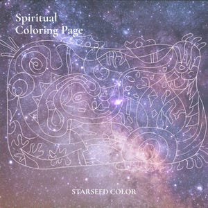 Könnte beinhalten: Eine digitale Malvorlage mit weißen Linienzeichnungen aus abstrakten, fließenden Formen und Mustern auf einem violetten und blauen Galaxie-Hintergrund. Der Text "Spiritual Coloring Page" steht oben und "STARSEED COLOR" befindet sich unten.