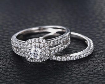 Anillo de compromiso nupcial con halo de corte redondo de 2 quilates para plata de ley 925