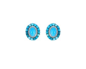 Turquoise diamond mini earrings studs gold | Natural turquoise oval cabochon mini diamond studs gold | Mini turquoise oval earrings gold
