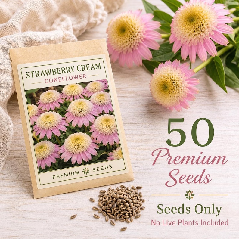 Approximately 50 premium Strawberry Cream Coneflower seeds packaged for planting with seed packet and loose seeds displayed. Seeds only with no live plants included.