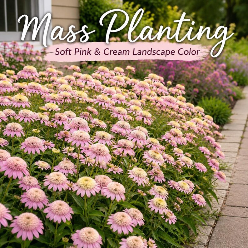 Mass planting of Strawberry Cream Coneflower creating a stunning perennial landscape filled with soft pink and creamy white blooms.