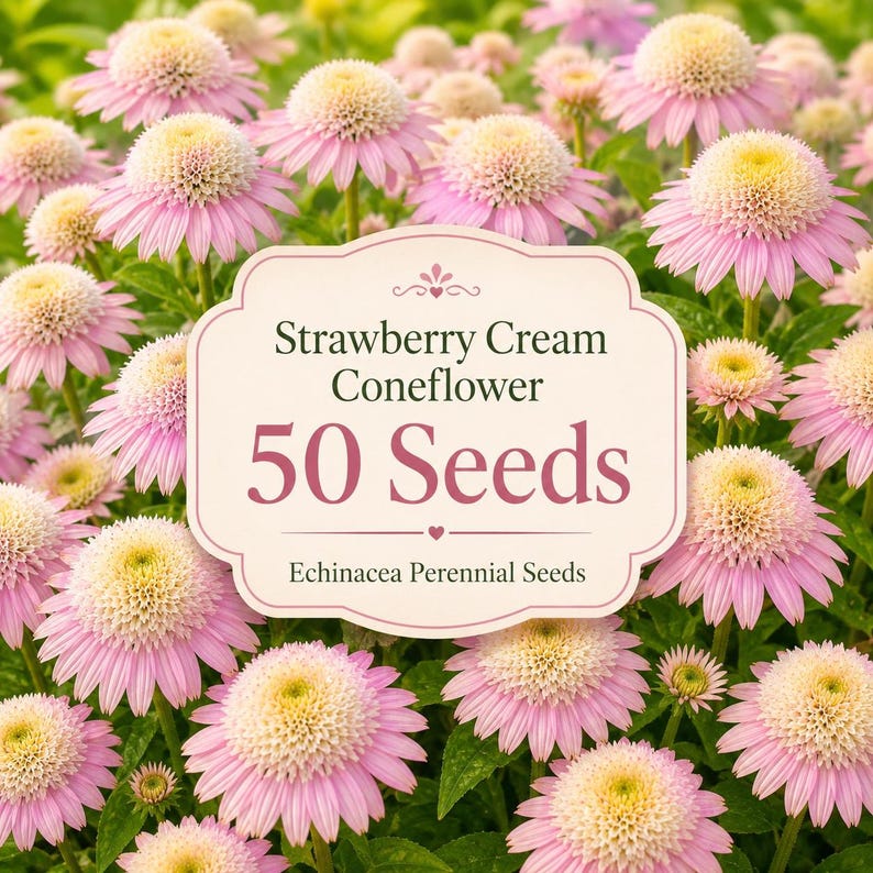 50 Strawberry Cream Coneflower seeds featuring elegant strawberry pink and creamy white blooms