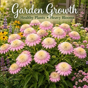 Healthy Strawberry Cream Coneflower plants blooming abundantly in a sunny cottage garden with lush green foliage and long-lasting perennial flowers.