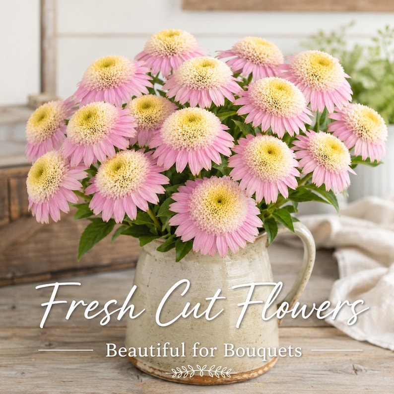 Freshly cut Strawberry Cream Coneflower blooms arranged in a rustic vase highlighting their elegant pink and cream petals for beautiful floral displays.