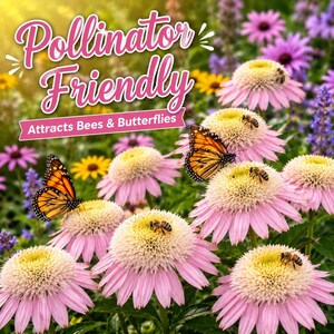 Butterflies and honeybees visiting Strawberry Cream Coneflower flowers in a colorful pollinator-friendly perennial garden.