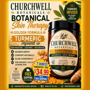 Churchwell Botanicals Golden Formula, gurkmeja-infuserad botanisk hudterapi, djupgående återfuktning för känslig hud, 200 ml, gurkmejatvål