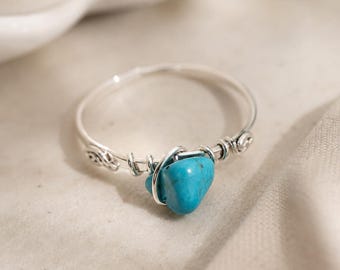 Handmade Turquoise Ring – Silver Wire Wrapped Natural Stone Jewelry, Minimalist Boho Gift for Women