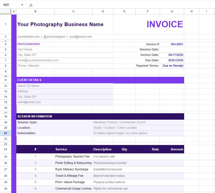 Photographer Invoice Template Excel | Modern Freelance Billing ...