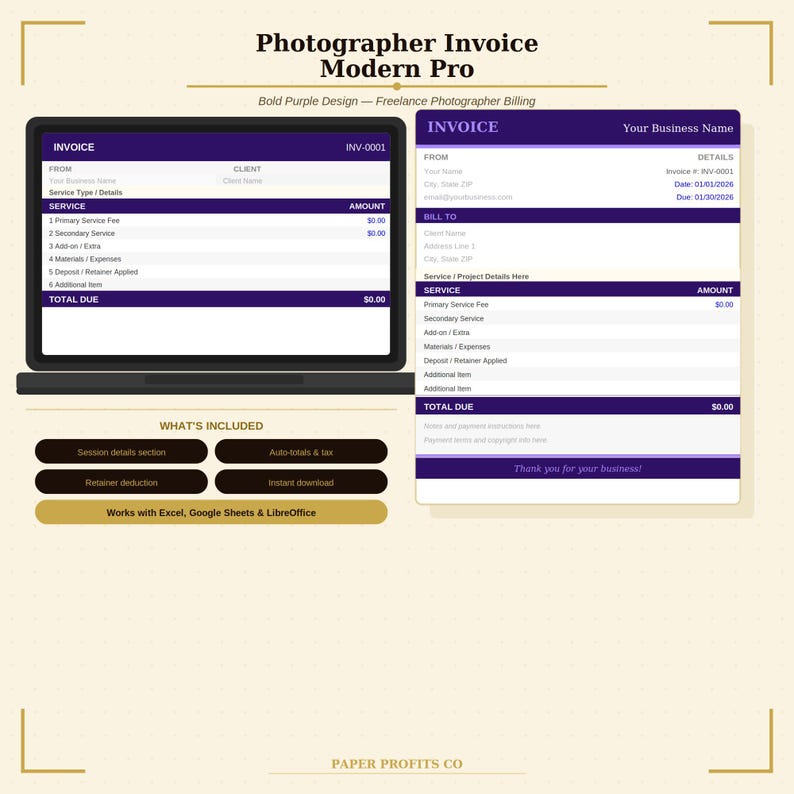 Photographer Invoice Template Excel | Modern Freelance Billing ...