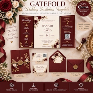 Burgundy Gatefold Wedding Invitation Template, Editable Canva Trifold, QR Code RSVP, Gold Printable Suite